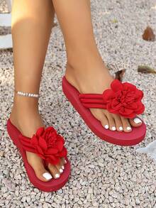 New Spring/Summer Fashion Thick-Sole Beach Slippers For Women, Floral Decor Sandals - Red - View 2