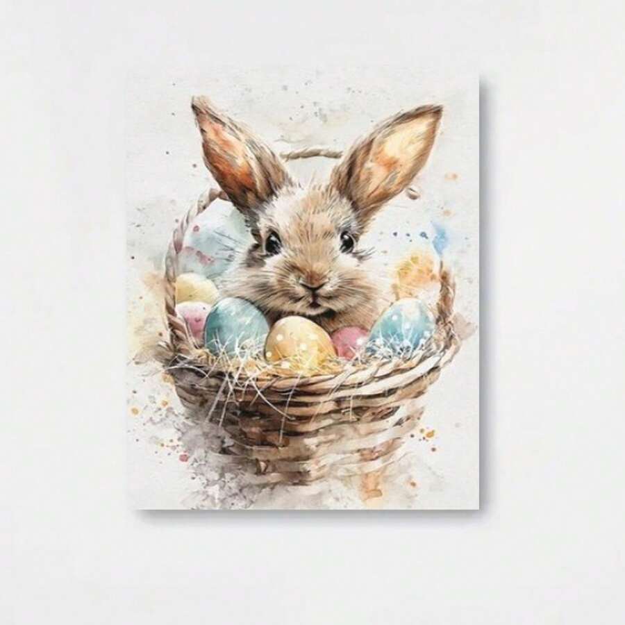 Póster de acuarela de primavera 2D plano con marco de madera y lienzo, conejito de Pascua vintage enmarcado asomándose de una cesta de mimbre con huevos de lunares, adecuado para decoración de dormitorio, regalo rústico moderno de festividades de primavera para decoración de dormitorio, sala de estar y oficina - Enmarcado - Ver 1