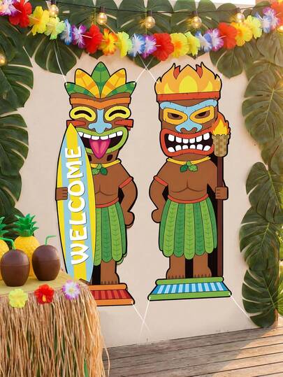 2pcs Hawaiian Luau Party Decorative Banner, Suitable For Hawaiian Summer Outdoor Signage, Birthday Supplies, Tropical Ocean Birthday Party Decor