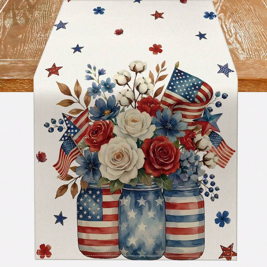1pc Patriotic American Flag Mason Jar Floral Tabletop Flag, 4th Of July Independence Day Desktop Decor, Red White Blue Star Table Cloth Suitable For Dining Room, American Style Home Decor - Multicolor - View 1