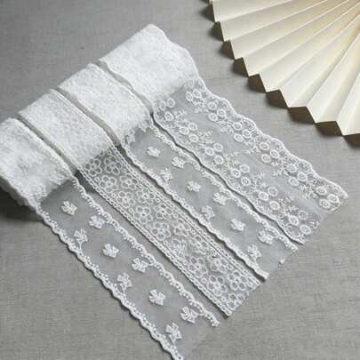 Dây ruy băng ren thêu hoa 5/10Y màu trắng, vải trang trí dùng để may vá, làm đồ thủ công DIY, viền váy cưới, phụ kiện cô dâu (1 cái, 8 cái).