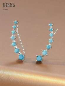 Hihho 2 đôi bông tai tua rua dài sang trọng đính đá Zirconia, trang sức tối giản tinh tế, thiết kế khảm đá màu xanh ngọc lam, trang sức thời trang dành cho nữ. - Nhiều màu - Xem 5