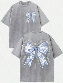 Summer Clothes 2026 (230g T-Shirt) Men's Plus Size Washed Cotton Christian T-Shirt With Floral Print "Faith Over Fear", Soft Casual Short Sleeve, Breathable Retro Streetwear And Gift. Loose And Comfortable Summer T-Shirts (Retro Style, Heavyweight, Unisex). - 灰色 - 查看 8