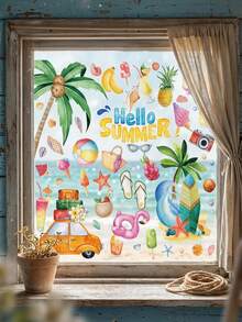 4 Blatt/49 Stück Sommer Strand Thema Fensteraufkleber, Palme, Auto, Frucht Muster Aufkleber für Heim Dekoration, Frischer Sommer Aquarell Stil, geeignet für Sommer Urlaubs Stil Dekoration, Schlafzimmer, Wohnzimmer, Balkon und Schaufenster Dekoration, Sommer Glas Dekoration, Pool Party Zubehör - Übersicht 2