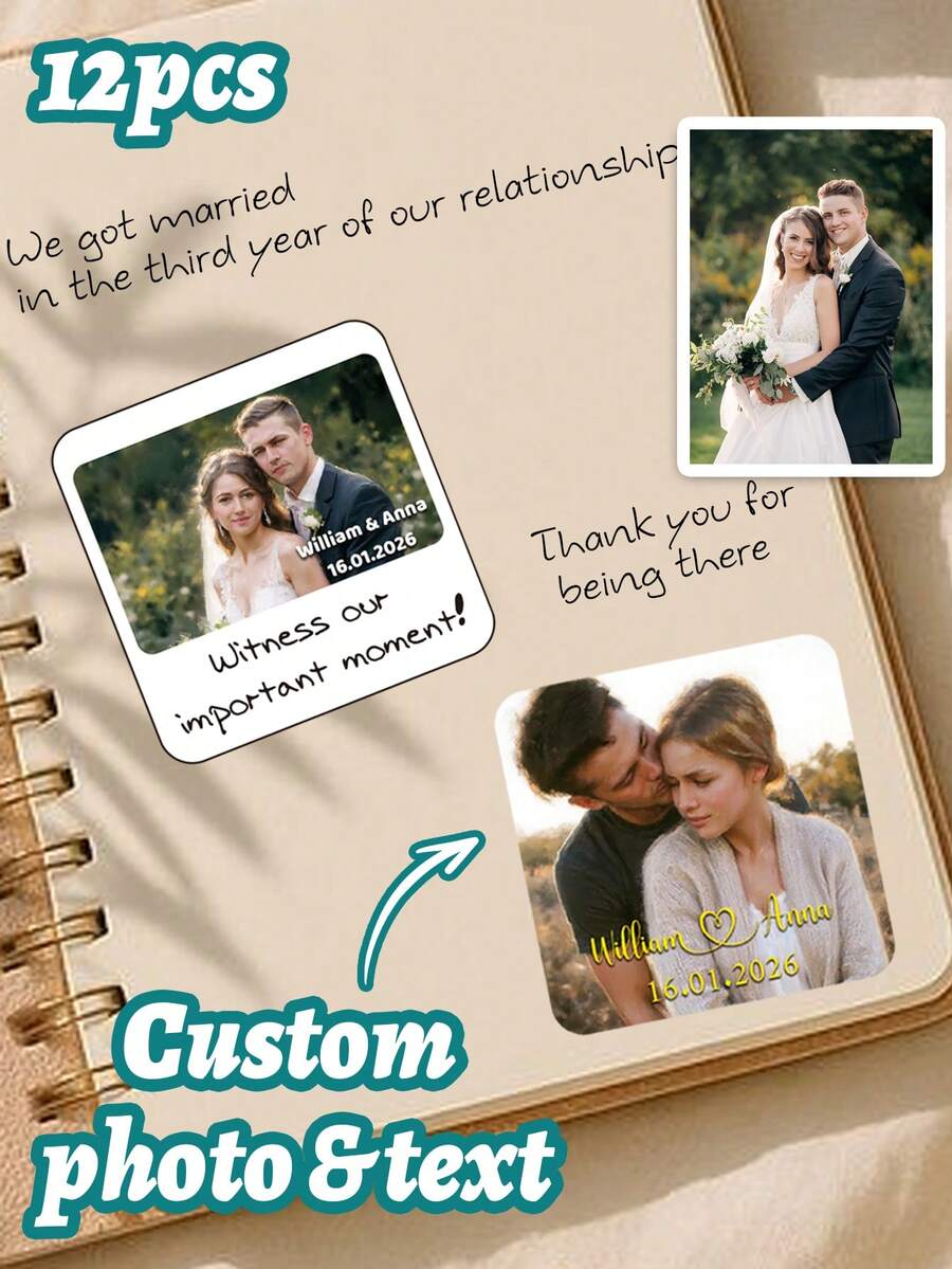 Custom Photo Stickers Personalized Name Date Design, Romantic Elegant Style For Wedding Anniversary Scrapbook Journal Decor, Customized Picture Couple Sticker Set Keepsake Gift, Customizable Text Memory Label For Friends Family Valentine's Day - Style a - View 1