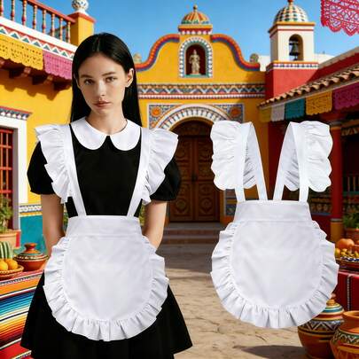 Tạp dề trắng cổ điển với viền xếp ly 3D và thiết kế dây đeo chéo, thể hiện sự thanh lịch kiểu Pháp và đặc điểm của đồng phục phục vụ. Thích hợp cho quán bar, nhà hàng, tiệc cocktail và các dịp khác, đóng vai trò là trang phục thiết thực để tạo không gian giống như người hầu.