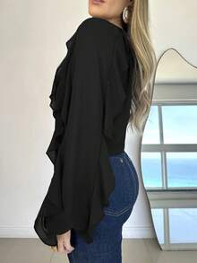 Women's Elegant V-Neck Ruffle Hem Asymmetric Button-Front Casual Chiffon Blouse, Long Sleeve Black Summer - Black - View 3