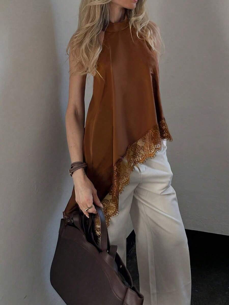 1pc Solid Color Sleeveless Lace Patchwork Asymmetrical Hem Loose Blouse, Suitable For Summer Vacation & Party - Brown - View 1