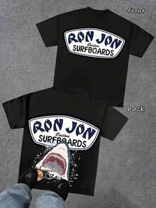T-shirt homme imprimé plage, motif requin et surf sur les deux faces, printemps-été, 100 % coton, col rond, doux, idéal pour la plage et au quotidien, cadeau pour la fête des pères, une remise de diplôme ou des vacances. - Noir - Voir 9
