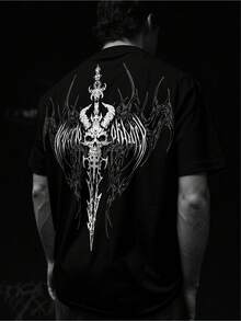 Men's Graphic Tees, Sword And Skull Print T-Shirt, Loose Crew Neck, Casual Everyday Urban Style, Drop Shoulders, Bold Independence Day Top, For Men - 黑色 - 查看 1
