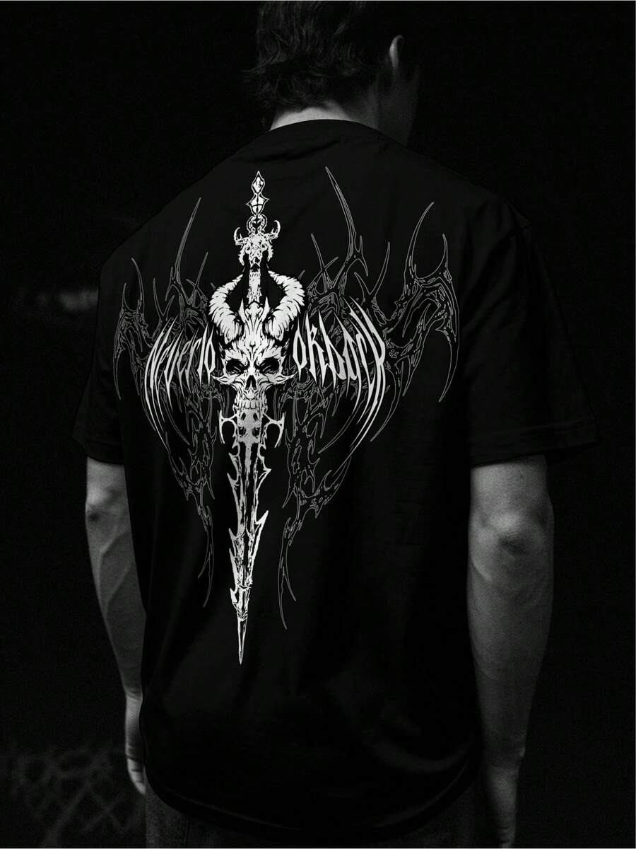 Men's Graphic Tees, Sword And Skull Print T-Shirt, Loose Crew Neck, Casual Everyday Urban Style, Drop Shoulders, Bold Independence Day Top, For Men - 黑色 - 查看 1