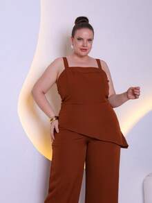 Women's Plus Size Tailored Set Consisting Of A Blouse And Wide-Leg Trousers C3090-2 - 鏽棕色 - 查看 5