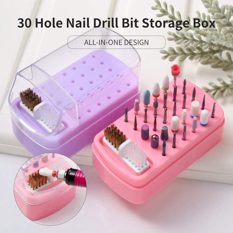 30-Hole Nail Drill Bits Storage Box With Cleaning Brush, Nail Drill Bit Dust-Proof Display Stand, Nail Drill Bit Organizer