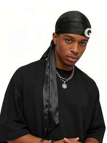 1 buah Topi Bajak Laut Pria dengan Huruf A-Z yang Dipersonalisasi, Durag Ekstra Panjang yang Nyaman dan Dapat Diatur, Cocok untuk Gaya Rambut 360 Derajat, Cosplay, Pesta Tema, dan Gaya Jalanan Sehari-hari - Hitam - View 7