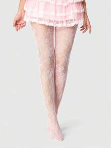 1 Pair Sexy Floral Lace Fishnet Tights, Vintage Pink Opaque Pantyhose Sheer Stockings, Thin Stretchy Comfort Fit Hosiery For Women, Elegant Retro Design For Daily Party Club Date Night Outfits, Fashion Legwear Accessory, Ideal Gift For Mom Wife Girlfriend Friends, Mother's Day Gift - 粉色 - 查看 5