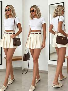 Pantalones con falda plisada delantera y shorts incorporados, para uso casual y de oficina, con cinturón con hebilla de metal, versátil para todas las estaciones, color blanco - Blanco - Ver 6