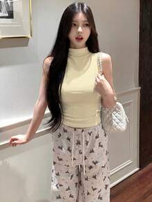 美式性感女士灰色無袖小立領緊身背心，彈性修身夏季休閒春季黃色細肩帶背心 - 黃色 - 查看 6