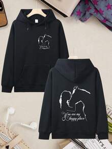 1pc Spring And Summer Hoodie For Womenall-Seasonstyle, Simple Design With Beauty And White Horse Silhouette Print, Autumn And Winter Women's Long-Sleeve Drawstring Hoodie, Casual Kangaroo Pocket Hoodie, Women's Drawstring Hoodie Mother's Day Gift - 黑色 - 查看 9