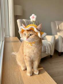 Handmade Crochet Cat Hat With Flower - Cute Ruffled Pet Hat Suitable For Small Dogs & Cats, Fashionable Woven Sun Hat, Pet Clothing Accessory Suitable For Birthday Party And Photography - Multicolor - View 2