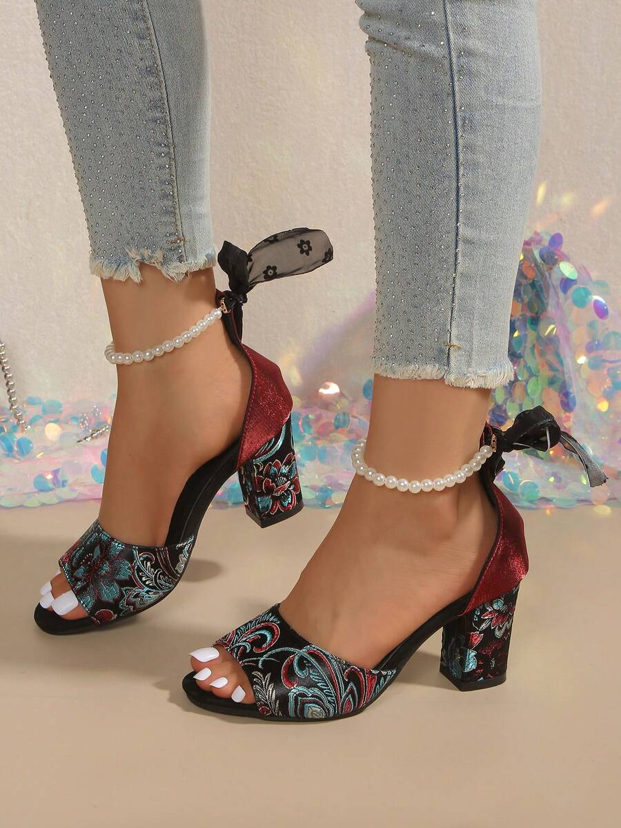 女款高跟涼鞋,粗跟露趾高跟拖鞋,綁帶刺繡時尚高跟鞋,碎花大尺碼女款涼鞋 - 紅色 - 查看 1