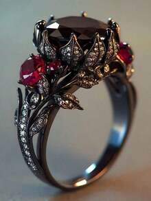 1pc Popular Women's Fashion Luxury Vintage Floral Zirconia Ring, Suitable Wedding, Engagement, Party, Halloween Jewelry - 黑色 - 查看 13