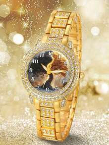 2PCS Gorgeous Luxury Women's Quartz Watch, Women's Luxury Full Diamond Quartz Watch Set, Including A Fully Diamond-Studded Women's Quartz Watch And Women's Bracelet. Featuring A Luxurious Gold Tone And Full Diamond Luxury Design As The Core, Fully Exuding A Noble And Radiant Aura. Part Of The Women's Accessories Series - Gold - View 2