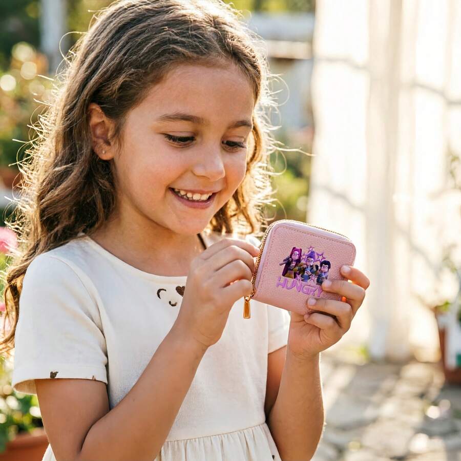 Hasbro KPOP系列卡通可爱儿童短钱包，卡通女团小钱包，女孩卡通PU皮迷你拉链零钱包，卡通可爱对折钱包，儿童礼物 - 彩色 - 查看 1