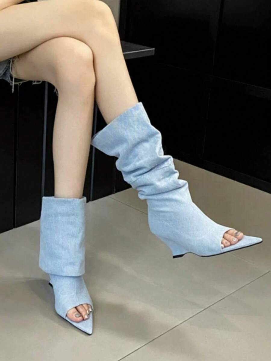 女士过膝长靴，新款秋冬显瘦高跟粗跟翻边靴