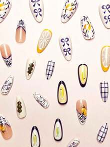 24Pcs/Set French Almond Shape Tie Dye White Base False Nails With 3D Golden Flower & Bead Decor, Full Cover Nail Tips Ladies & Girls, Party, Date, Vacation Press On Nails Nail Supplies Nails - 多色 4 - 查看 7