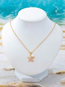 2pcs/Set Delicate Starfish & Shell Pendant Earrings, Unique Design Starfish Pendant Necklace With Pearl, Suitable For Women, Fresh Summer Daily Wear Jewelry, Beach Holiday Accessories - Pink - View 4