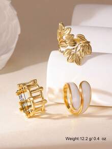 3pcs Set Unique Stainless Steel 18K Gold Plated Leaf Shaped Midi Rings, Minimalist Open Finger Rings For Women - Multicolor - View 4