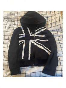Y2k Long-Sleeved Pullover Zipper Printed Patch Sweatshirt Hoodie Punk Dark Street Wear Hip-Hop - 黑色 - 查看 2