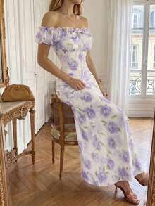 Perirose Vestido formal de fiesta de longitud media con hombros descubiertos, volantes y estampado de rosas amarillas elegante para mujer - Morado - Ver 3
