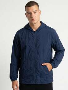 Men's Durable Windbreaker Jacket With Hood And 2 Pockets - Navy Blue - View 1