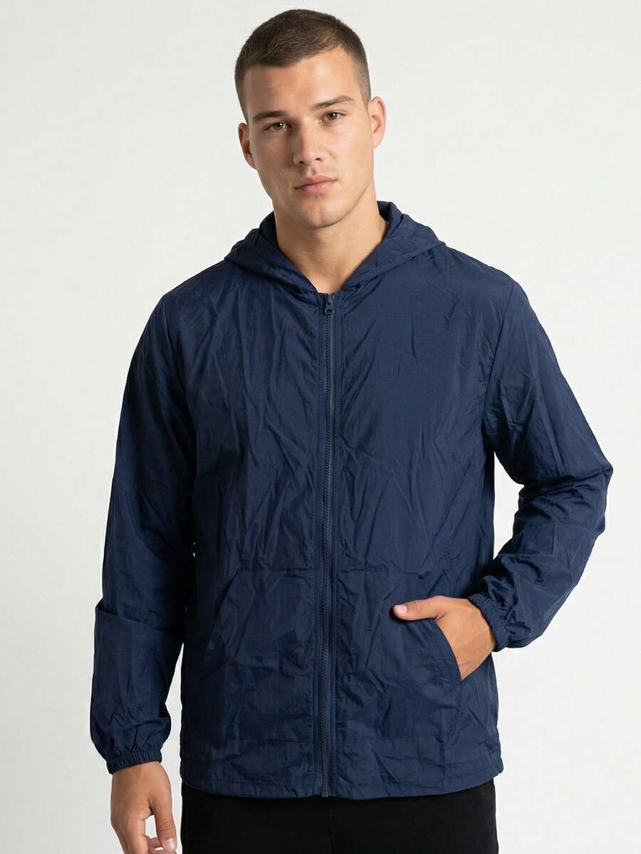 Men's Durable Windbreaker Jacket With Hood And 2 Pockets - Navy Blue - View 1