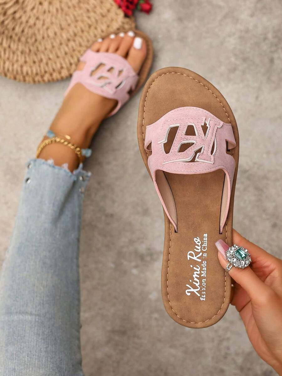 Ximi Ruo Korean Style Casual Flat Slippers For Women, Open Toe, Woven Roman Sandals, Suitable For Spring, Summer, Beach, Vacation, Pair With Dresses, Brown - Pink - View 1