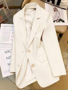 Plus Size Women Elegant Casual Heart Button Blazer Spring White - White - View 3
