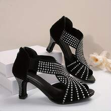 Giày sandal cao gót đế dày đính pha lê đen, sandal cao gót hở mũi dành cho nữ, phù hợp cho khiêu vũ/tiệc tùng/khiêu vũ Latin/đám cưới, kiểu dáng quyến rũ/cổ điển/thanh lịch. Mẫu sandal cao gót đế dày đính pha lê đen bán chạy nhất, giày dự tiệc hở mũi dành cho nữ. - màu đen - Xem 2