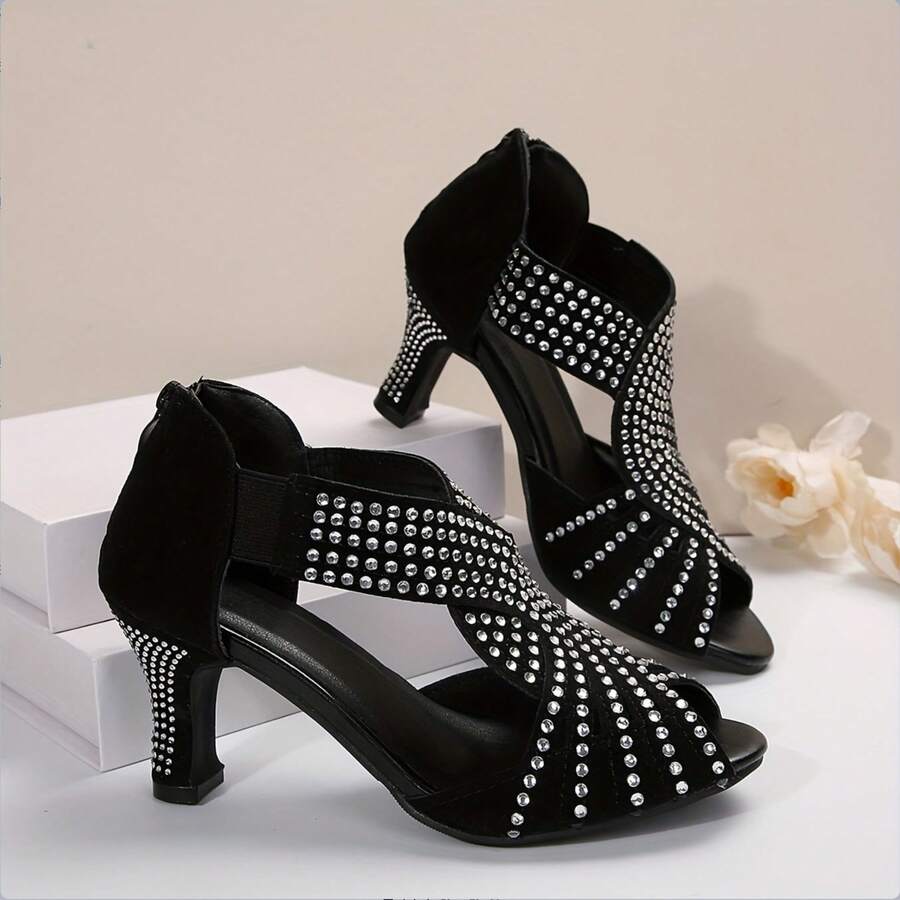 Giày sandal cao gót đế dày đính pha lê đen, sandal cao gót hở mũi dành cho nữ, phù hợp cho khiêu vũ/tiệc tùng/khiêu vũ Latin/đám cưới, kiểu dáng quyến rũ/cổ điển/thanh lịch. Mẫu sandal cao gót đế dày đính pha lê đen bán chạy nhất, giày dự tiệc hở mũi dành cho nữ.