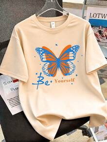 1 Set Butterfly Print Round Neck T-Shirt & Shorts Outfit For Tween GirlsComfortable Minimalist Design, Suitable For Spring & Summer - Multicolor - View 5