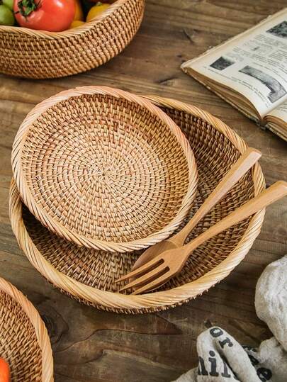 Khay tròn đan tay tự nhiên, giỏ mây mộc mạc dùng để đựng bữa sáng, trái cây, đồ ăn nhẹ, khay đan trang trí cho bàn cà phê, phòng tắm, phòng khách, trang trí nhà phong cách Boho.