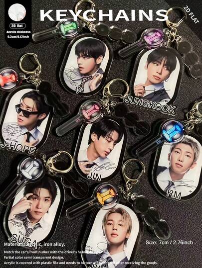 K-Pop风格RM、JIN、J-HOPE、JIMIN、V、JUNG/KOOK、ARMY、阿里郎亚克力钥匙扣挂件，个性化汽车/卡片/包包装饰，男女皆宜，圣诞节、万圣节、节日礼物