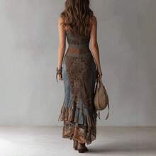 2026 New Vintage Patchwork Print Asymmetrical Long Dress Slim Fit High Slit Dress - 印花色 - 查看 1
