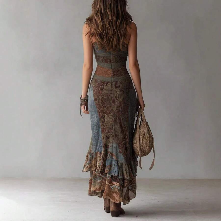 2026 New Vintage Patchwork Print Asymmetrical Long Dress Slim Fit High Slit Dress - 印花色 - 查看 1