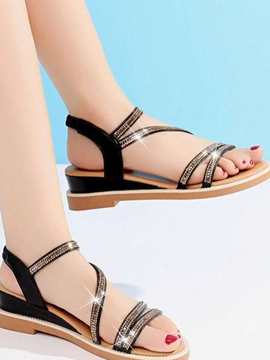2026 New Summer Rhinestone Strap Sandals, Women Low Heel Versatile Casual Non-Slip Sandals - Black - View 1