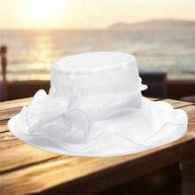 Women Elegant Sun Hat Wide Brim Kentucky Derby Mesh Sun Hat Wedding Tea Party Church Organza Cap - White - View 5