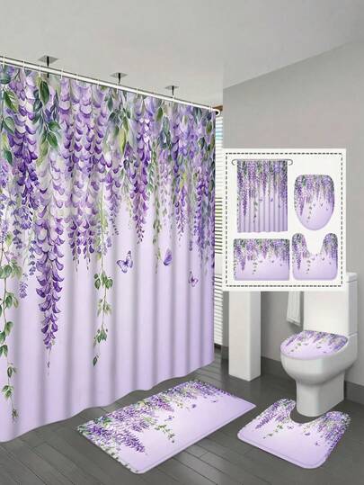 1/4pcs Purple Lavender Floral & Butterfly Shower Curtain Set, Purple Lilac Leaf Fabric Shower Curtain Set, Suitable For Girls' Bathroom Decor, Watercolor Style Bathroom Accessories With Hooks