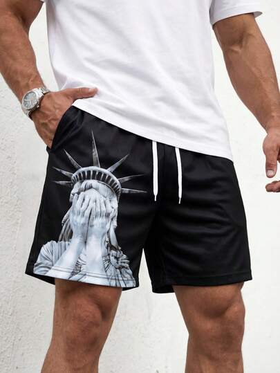 MAISONFOX Men's Street Graphic Print Casual Sports Shorts, With Statue Of Liberty Print, Loose Drawstring Pocket Design, Comfortable Fitness Shorts For Spring/Summer Daily Wear