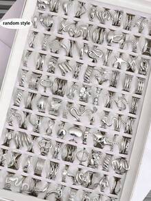 3/6/10/16/24/30件套不锈钢银色戒指，花朵、心形、蛇形设计，镶嵌水钻，可调节，男女皆宜，适合日常佩戴或作为礼物，款式随机搭配 - 銀色 - 查看 4