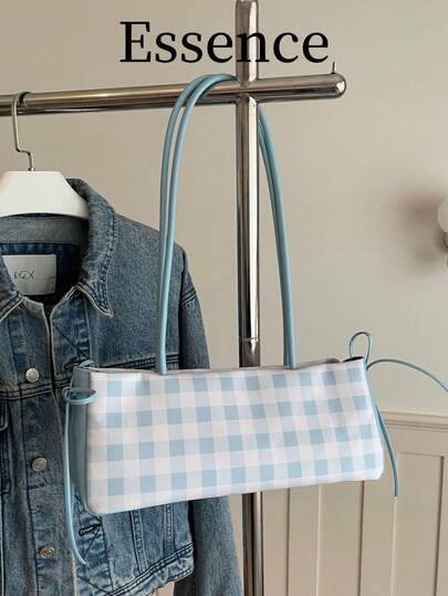 1 pieza Bolso de nailon tipo baguette a cuadros azules con color contrastante, bolso de hombro/axila para mujer, nueva llegada de primavera